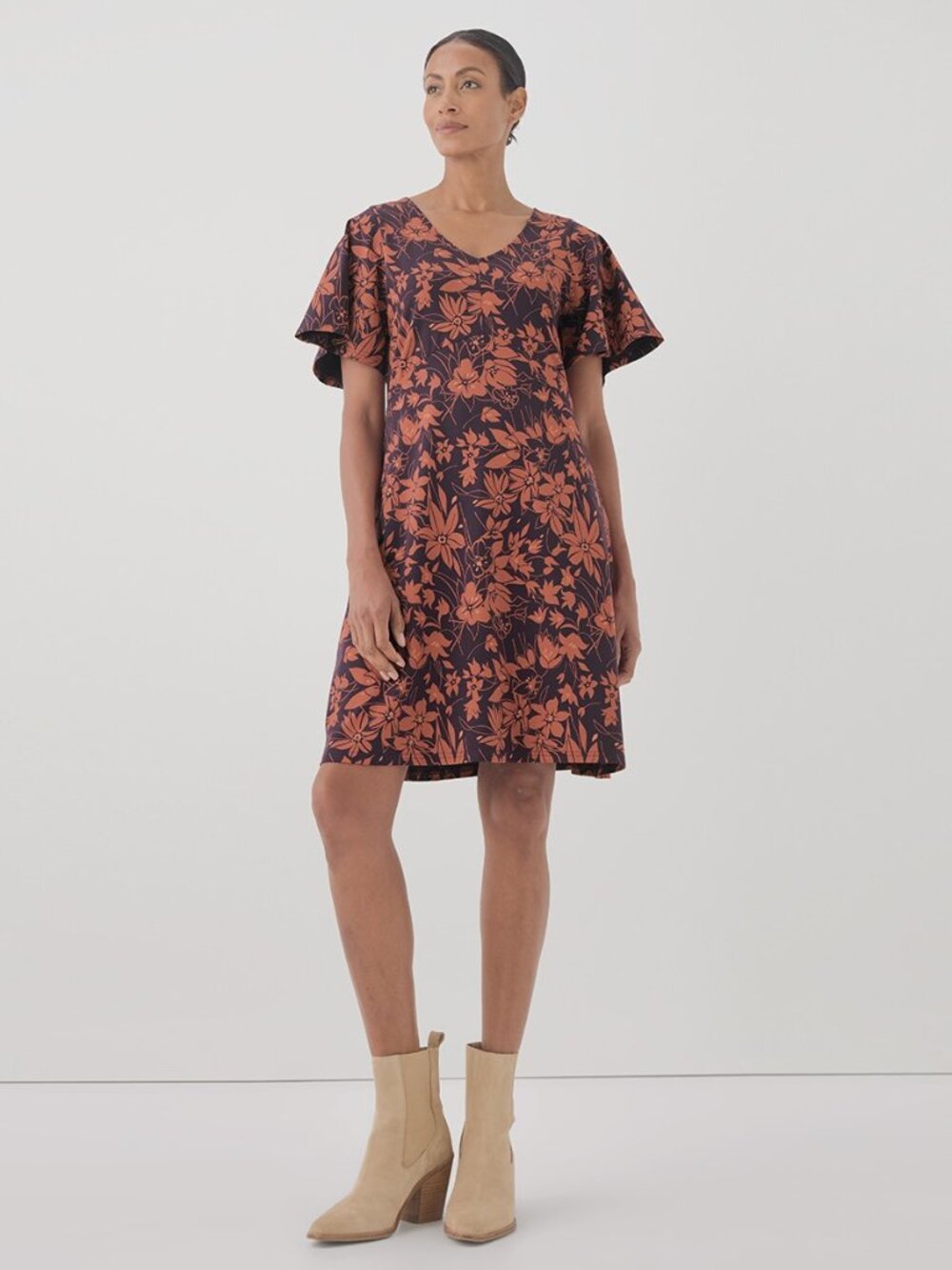 Pact Organic Fit & Flare Easy Dress Large Plum Botanical